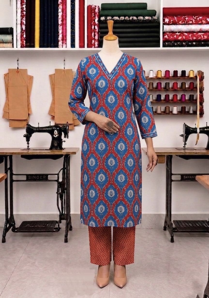 Hand Block Print cotton Kurta with Pant and Dupatta set, boho straight kurtis