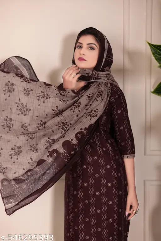 Stylish Wine Printed Cotton Suit Set for Women | Stitched Suit with Dupatta | Pa