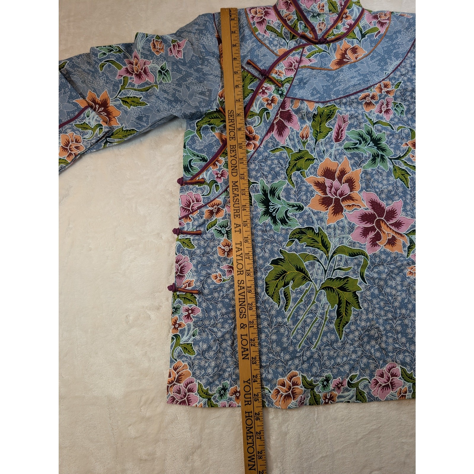 Vintage Asian Floral Mandarin Collar Blouse Blue Batik Print Frog Closure Top M