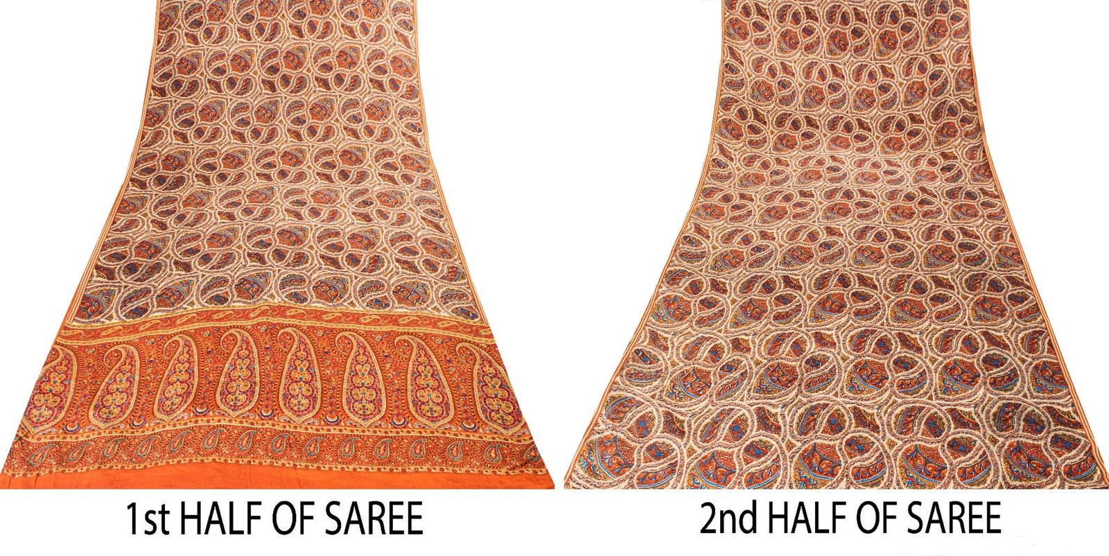 Sanskriti Vintage Saree Multicolor Pure Crepe Silk 5.5+YD Paisley Printed Fabric