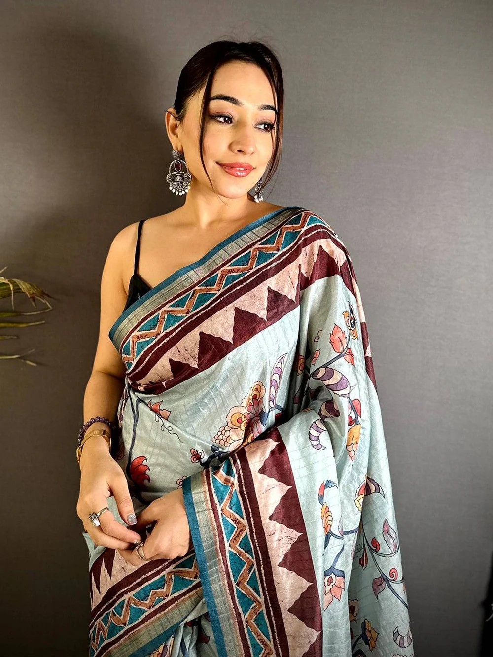 Women’s Saree Ajrakh Kalamkari Tussar Silk Blue Color With Blouse Piece