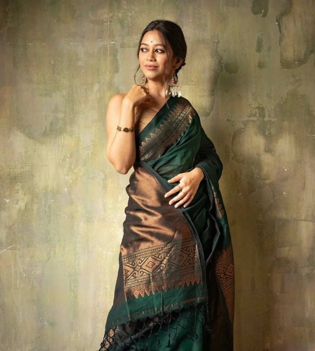Women Soft Lichi Silk Green Saree With Blouse Indian Designer Wedding Party Wear