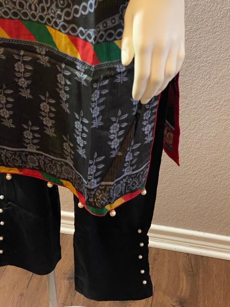New Women’s 3 Piece Indian/Pakistani Lawn Suit tailored stitched Black/Multi – S