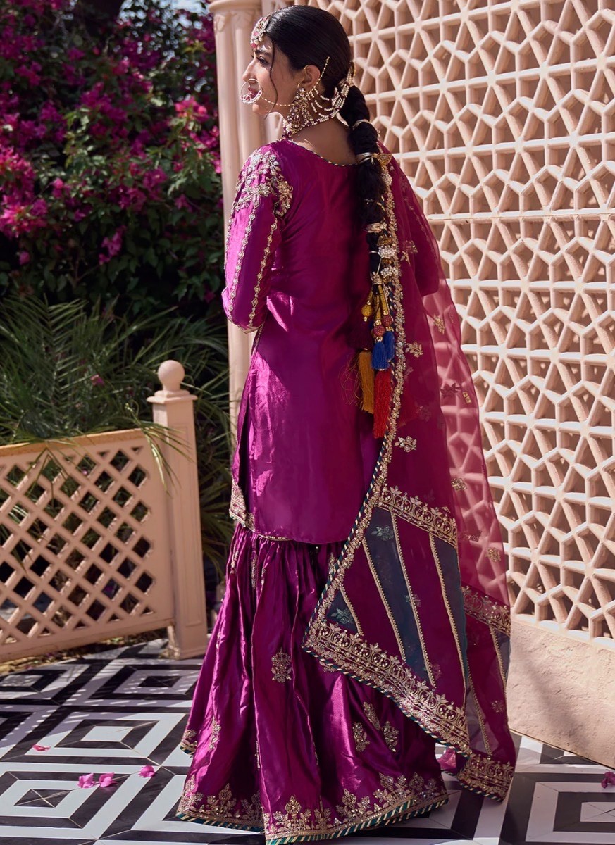 Indian Pakistani deep wine embroidered gharara suit