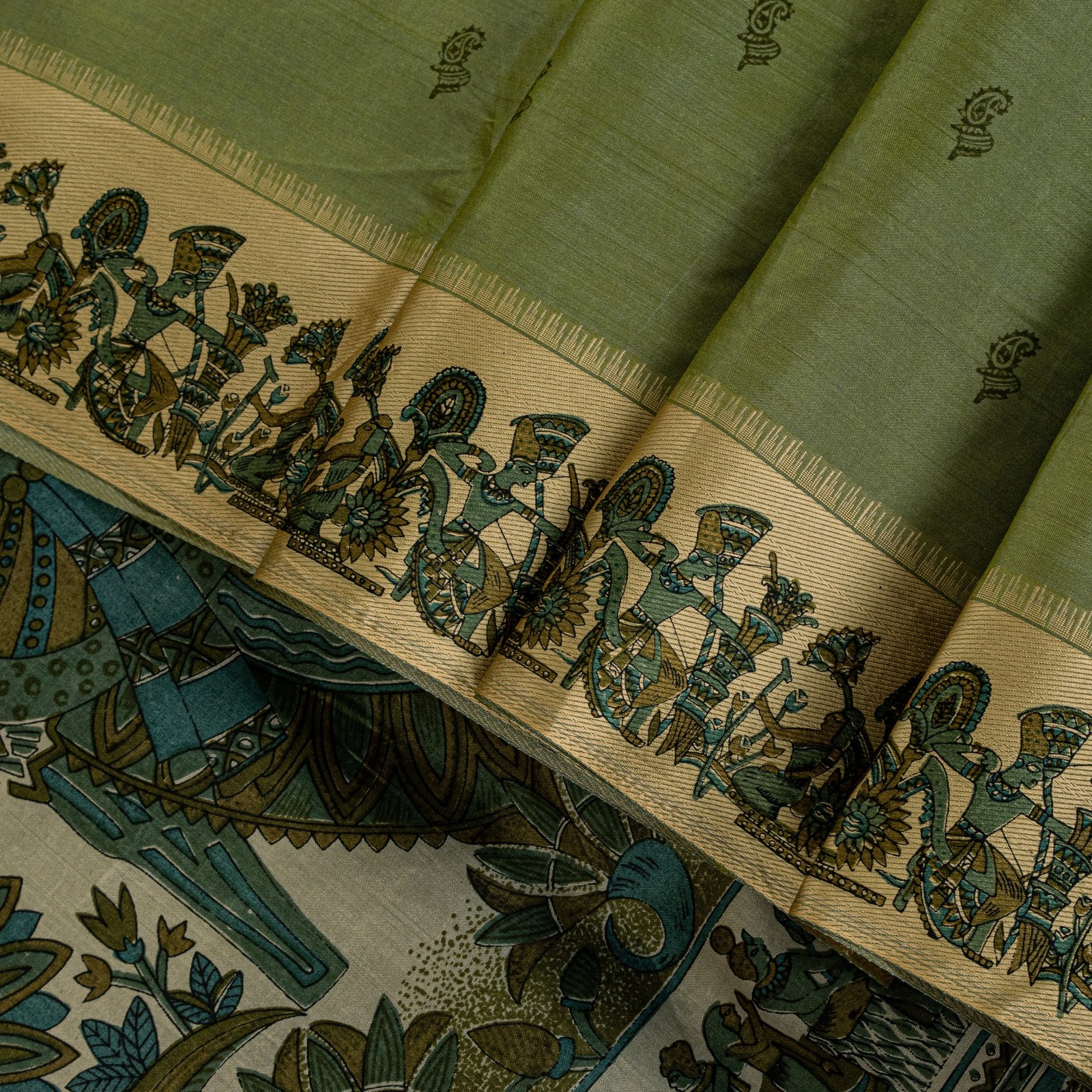 Sanskriti Vintage Sari Green Soft Pure Silk Kalamakari Digital Print Saree 5.5Yd