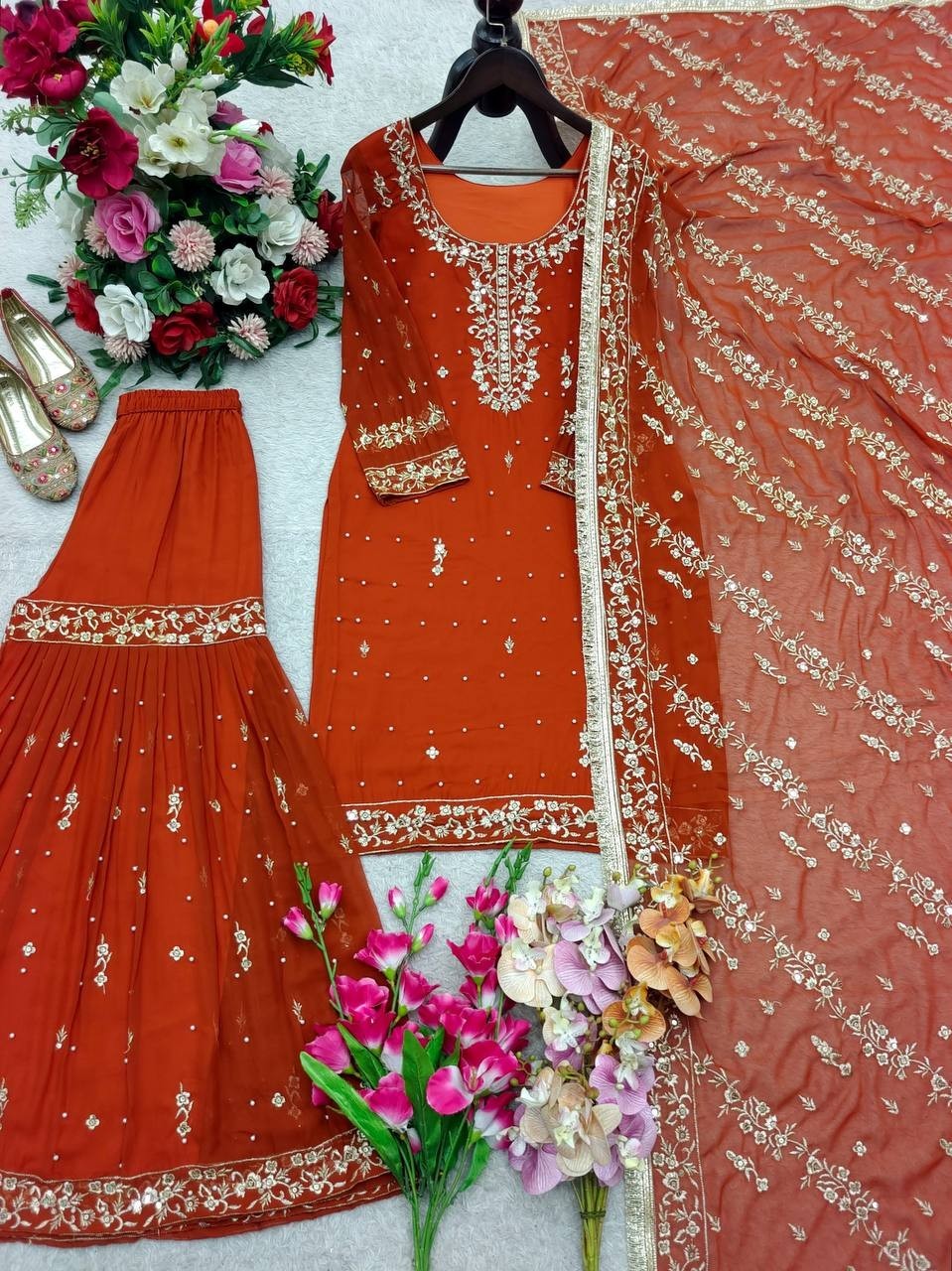 Latest Launching Faux Georgette Kurta Palazzo With Dupatta For Women