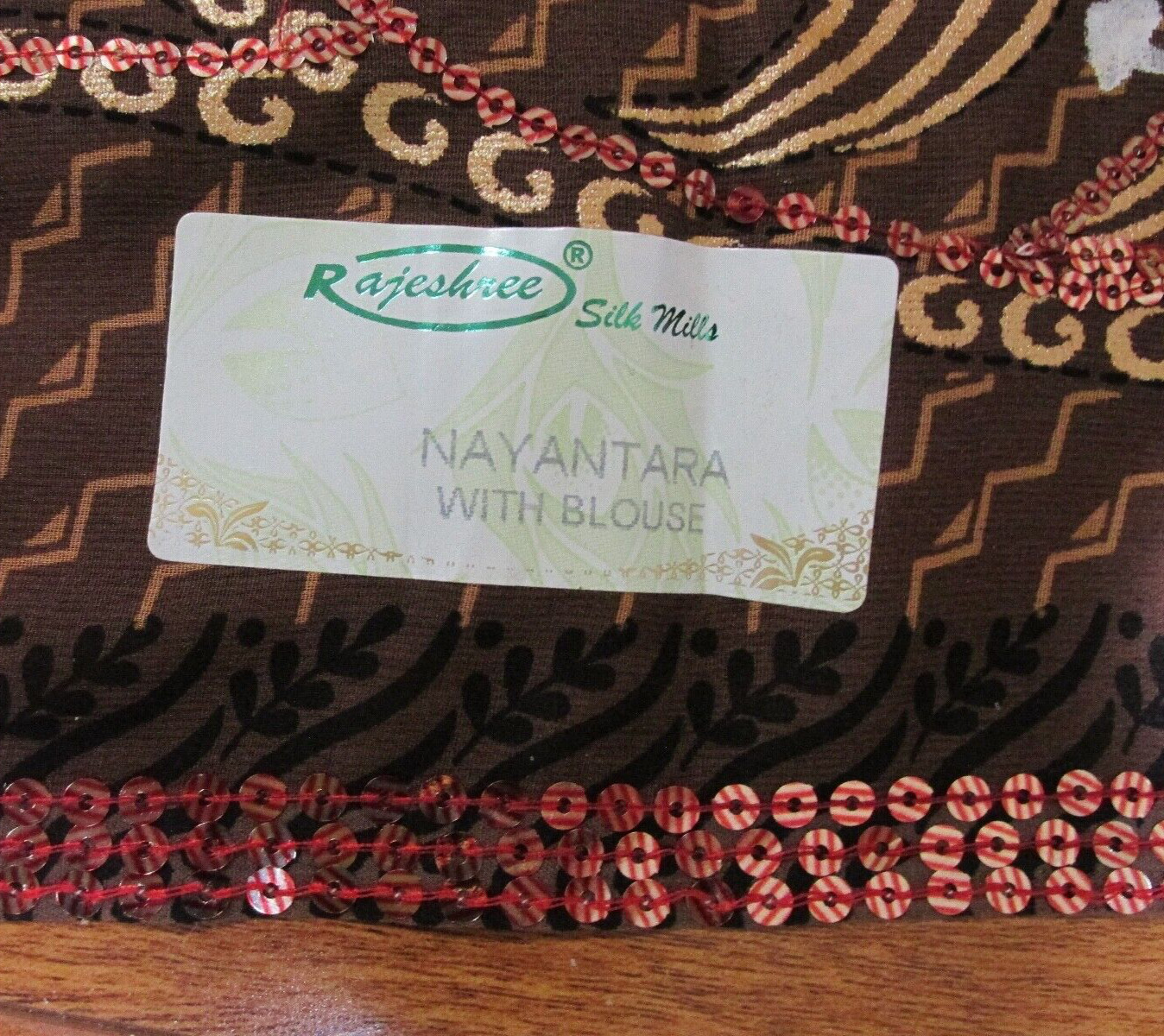 RAJESHREE SILK MILLS Sari RED & Brown with Gold Sequins 44″ by Over 6 Yards