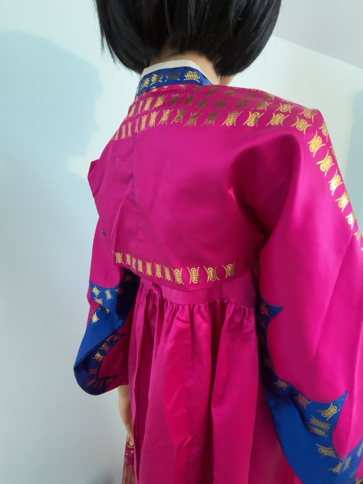 Korean Hanbok Dress Womens Blue Pink Gold Accents Peacocks