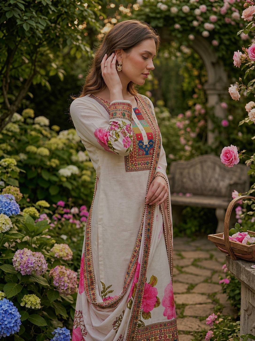 Heavy Muslin Cotton Off White Salwar Kameez With Dupatta For Festival Wear