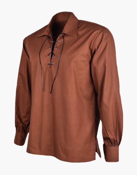 Men’s Brown Scottish Jacobite Ghillie Kilt Highland Shirt Long Sleeve Lace Up