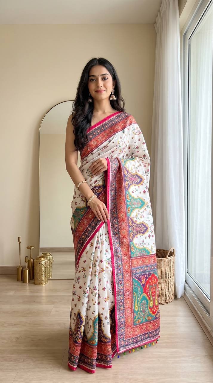 NEW Modal Silk Crepe Saree Position Print Real Mirror Work Piping Border Pallu