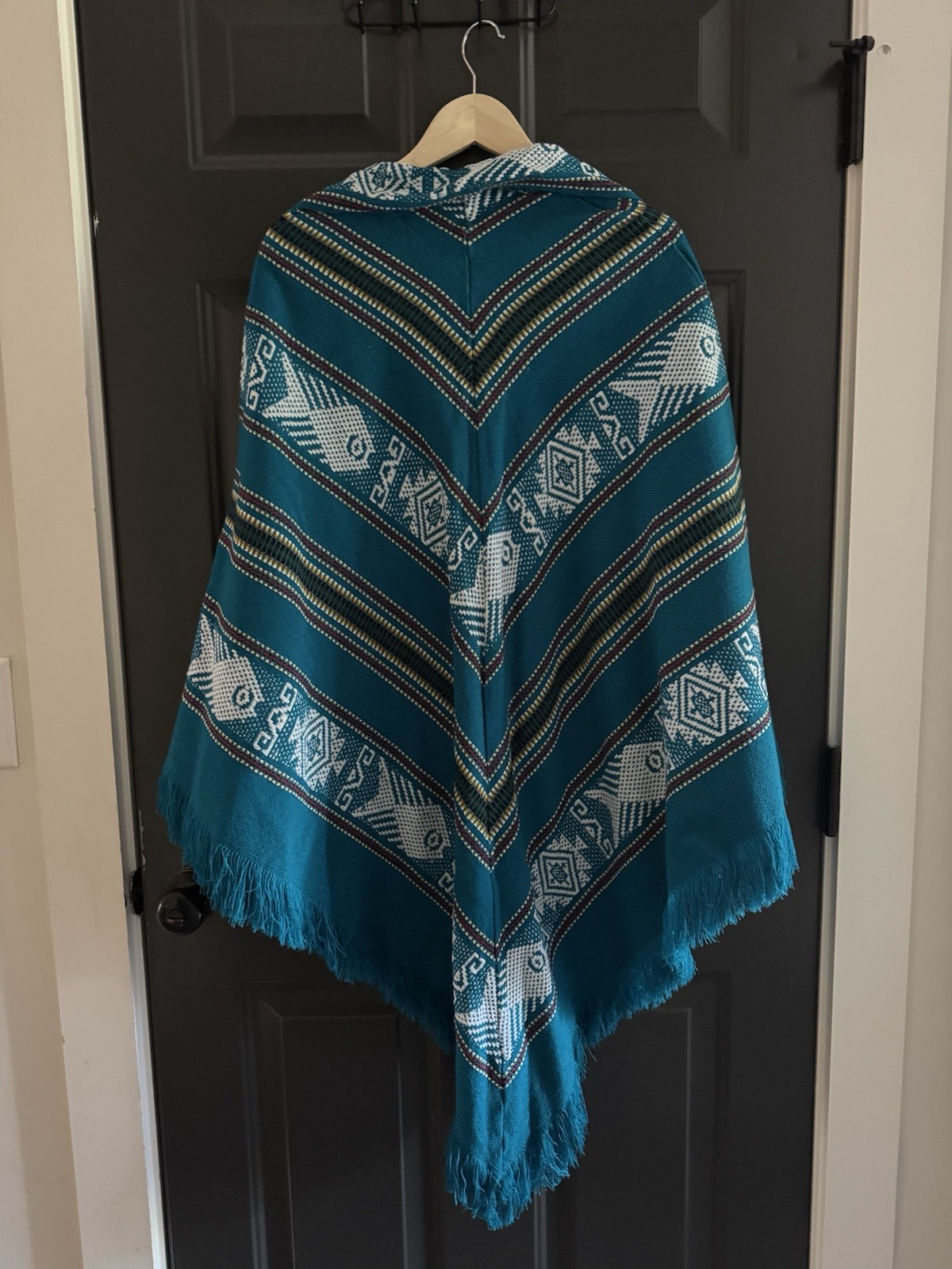 Artesanias Inca fringed poncho turquoise Blue embroidered fish tassels One Size