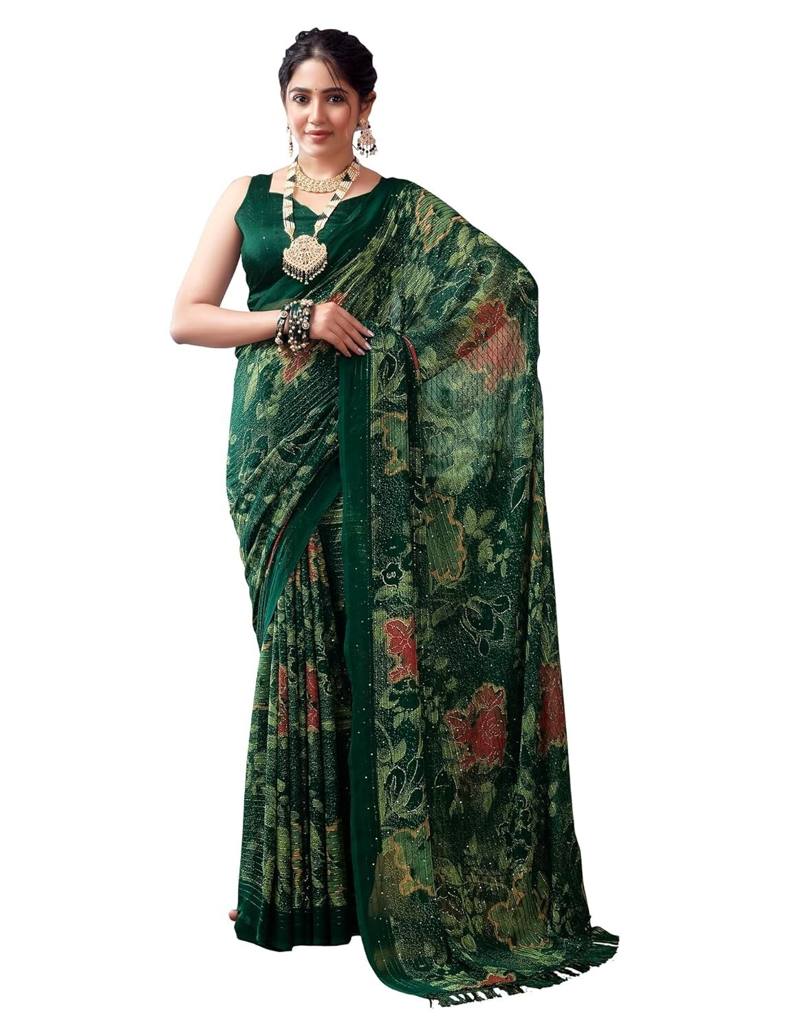 Women’s Georgette Printed Sequence Work Saree With Unstitched Blouse Piece