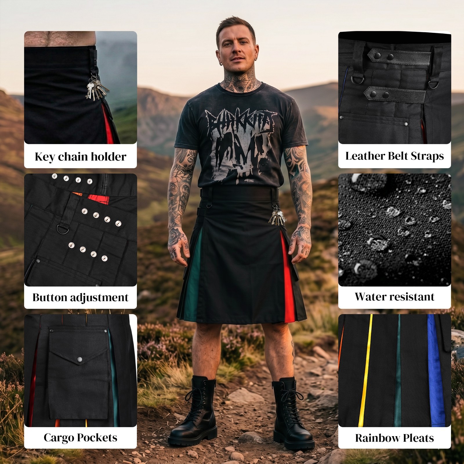 Hybrid Utility Kilts for Men Scottish Traditional Kilt with Flashes (Rainbow)