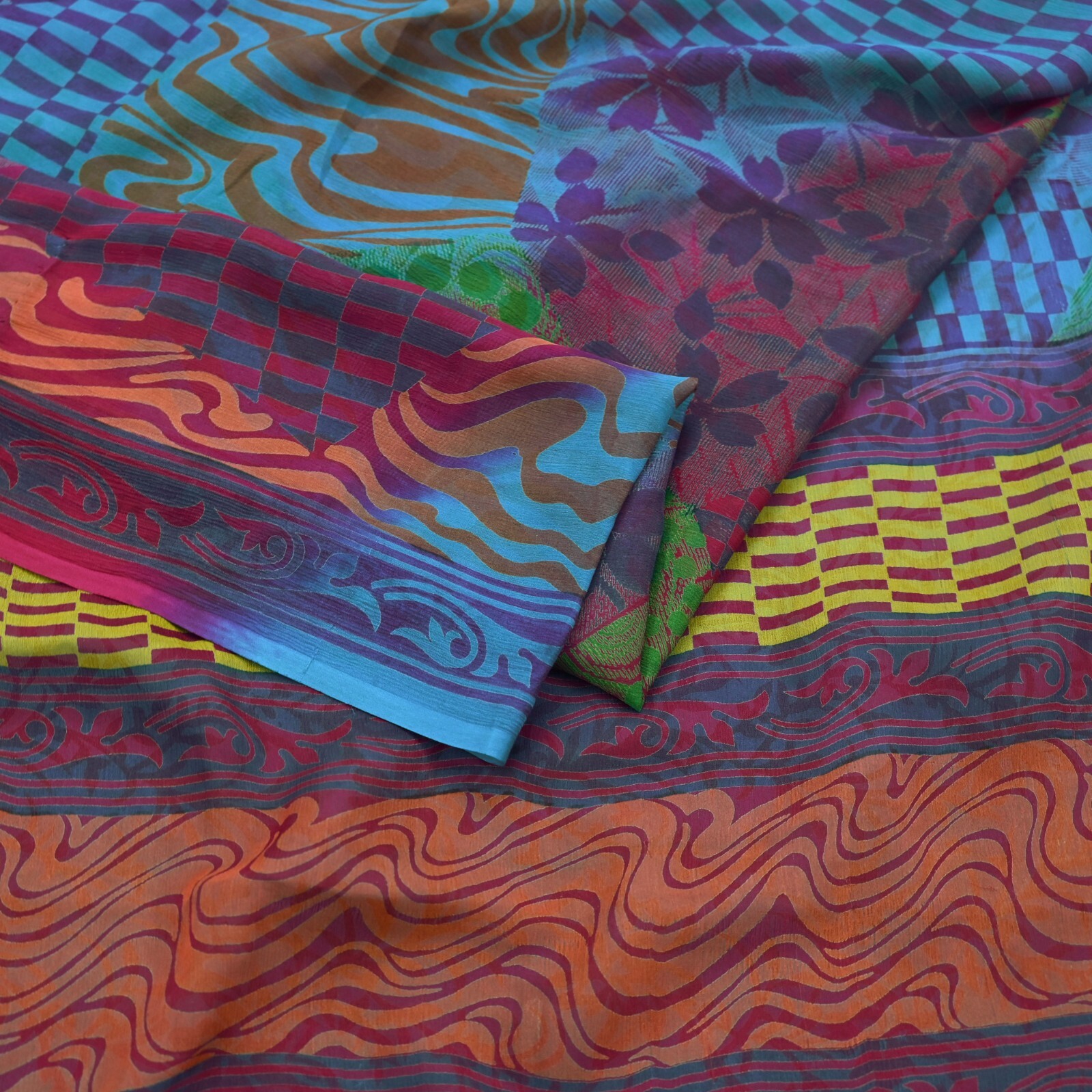 Indian Vintage Sari Blue & Purple Pure Chiffon Silk Printed Sarees Craft Fabric