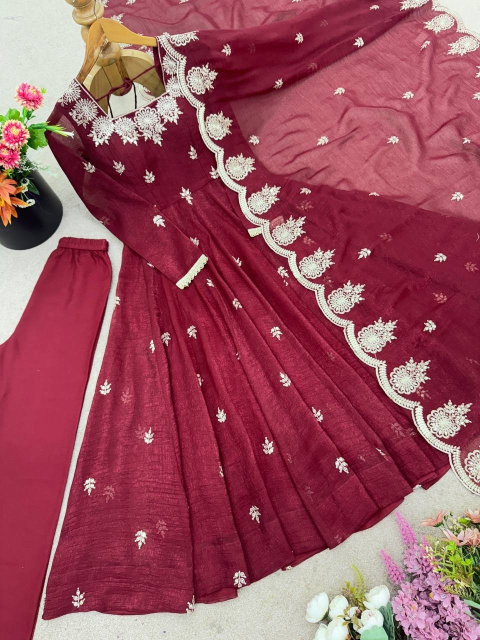 Designer New Crunchy Silk Gown Bottom With Maroon Dupatta For Indian Function