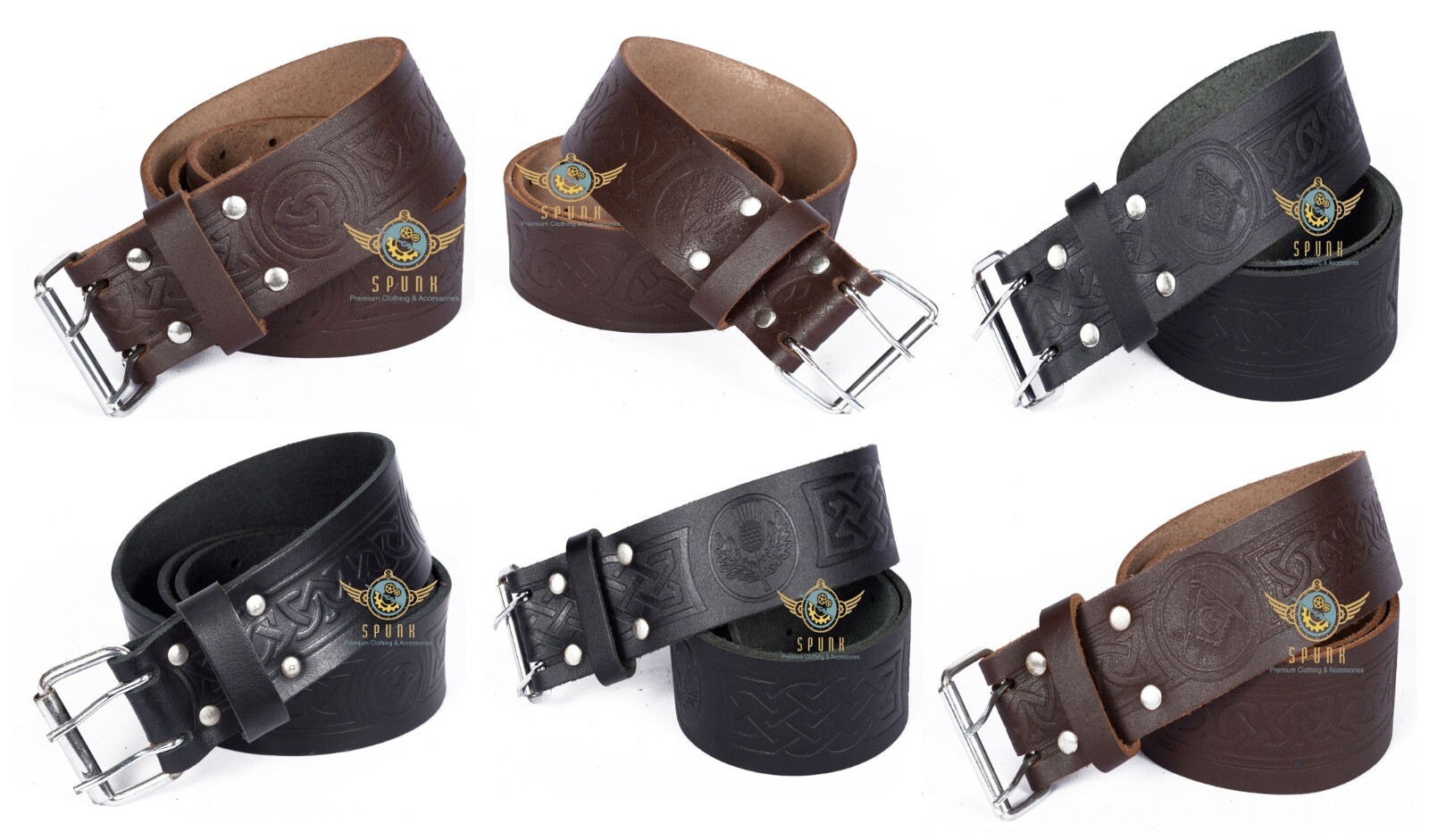 Leather KILT BELT – Double Prong Belt – Celtic Embossed Belt – 2 Inches Wide