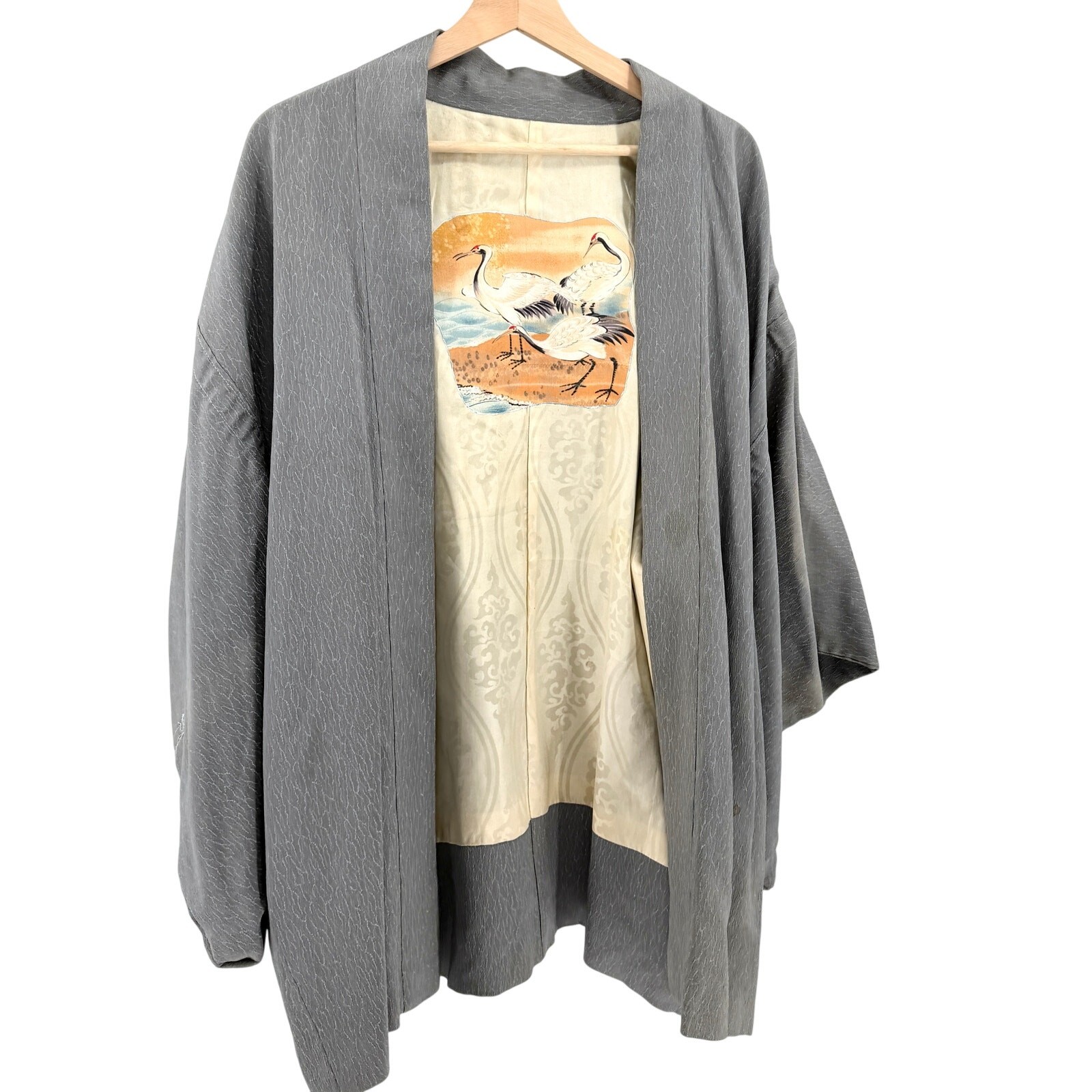 Vintage 70s Gray 100% Silk Boho Crane Art Lining Haori Kimono Jacket