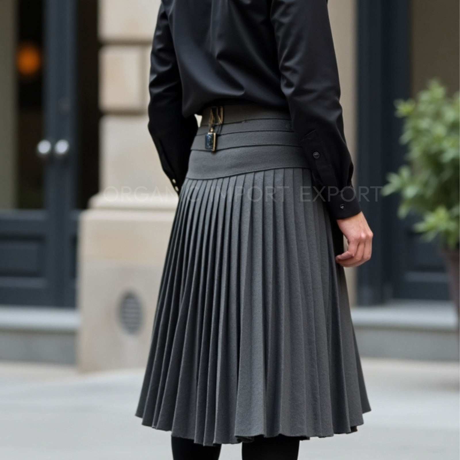 Men’s Grey Leather Kilt – Pleated Gothic Utility Kilt with Studded Waist & Belt