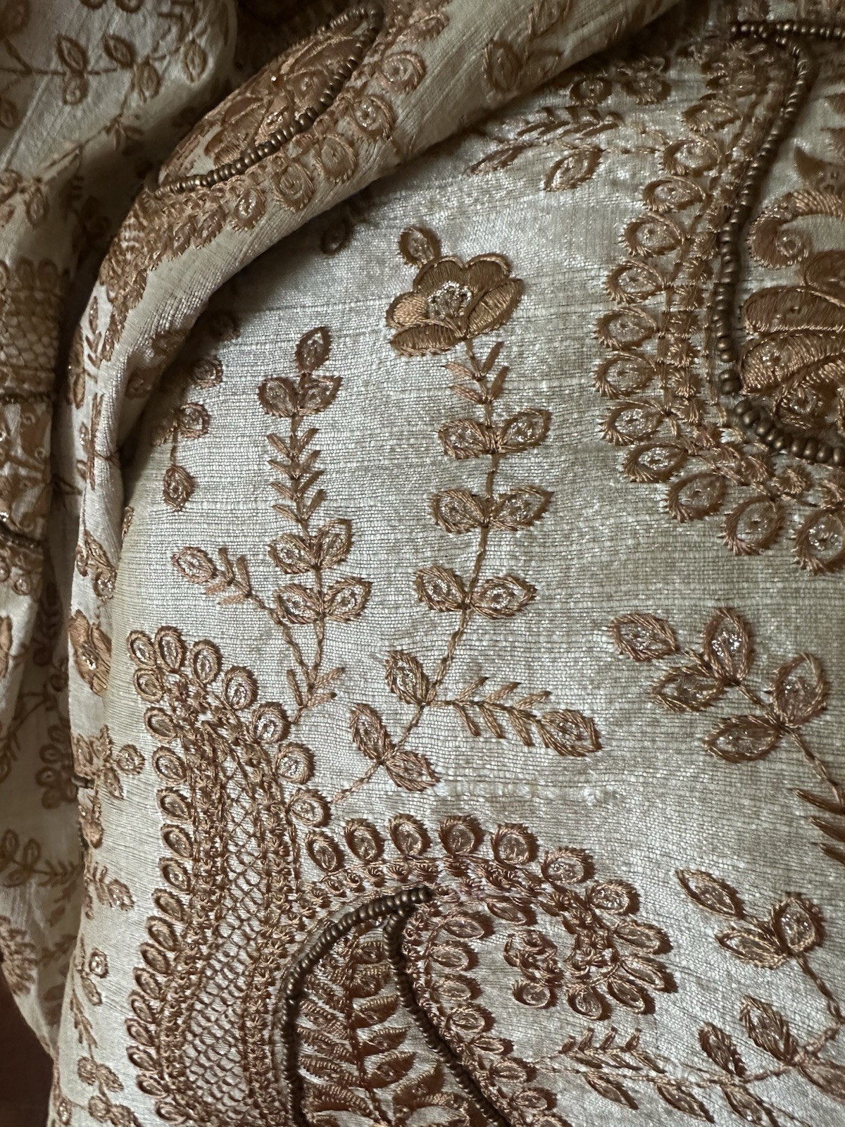 Raw Silk feel Cream Beige Fabric with Golden Embroidery 41 x 46” From India