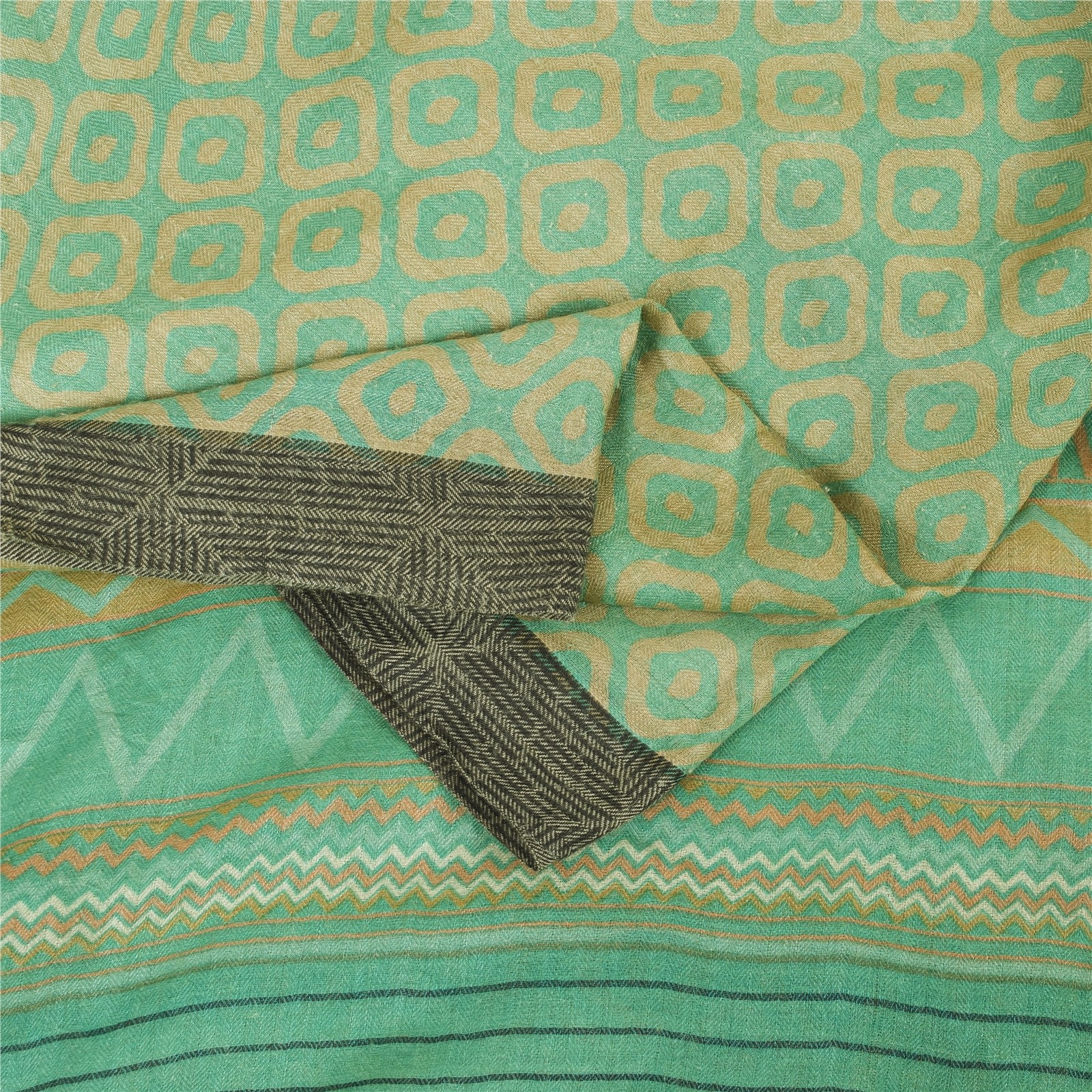 Sanskriti Vintage Blue Sarees 100%Pure Woolen Print 5+Yd Sustainable Fabric Sari