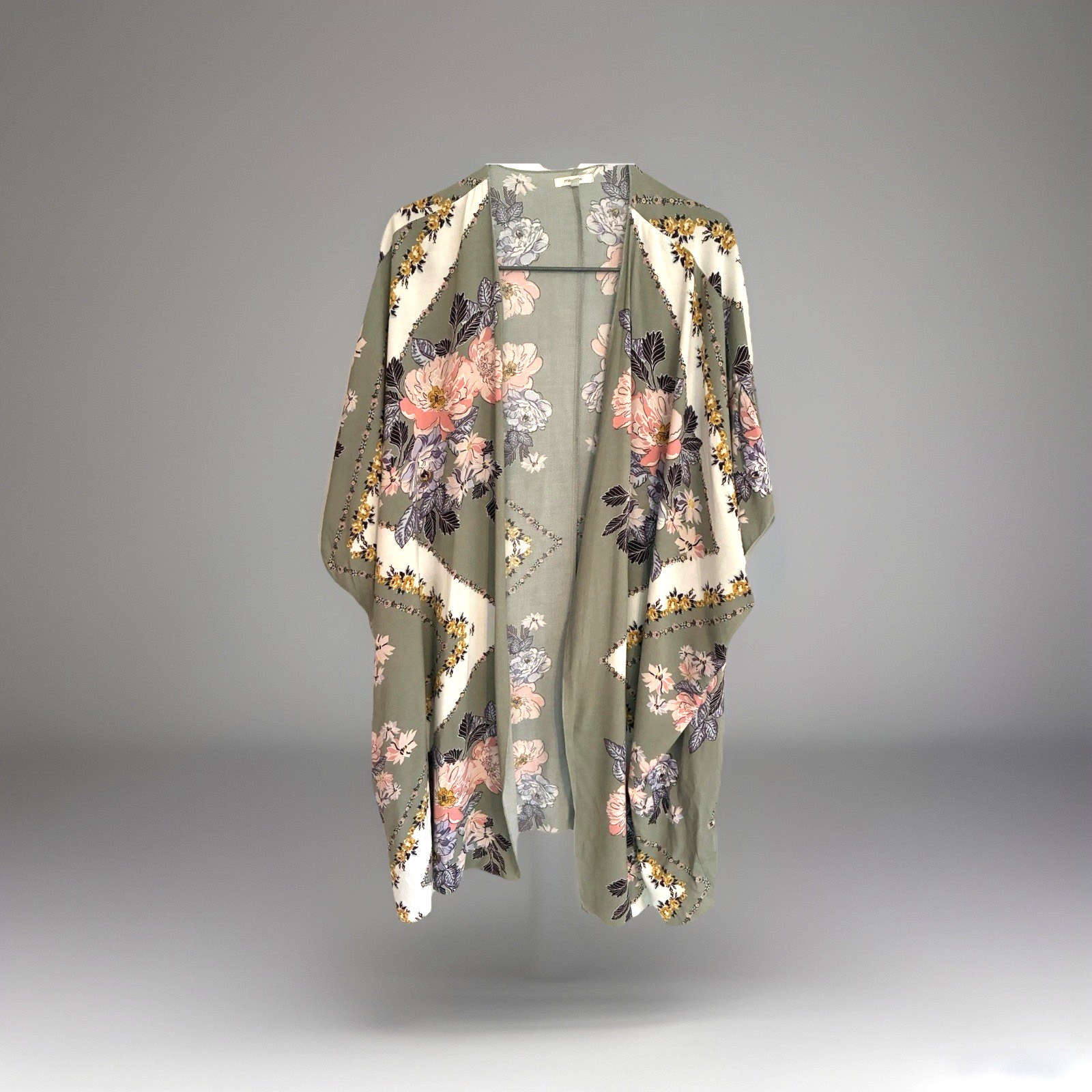 Maurices Kimono Top Overlay Sage Green Floral Handkerchief Oversized Open S M L