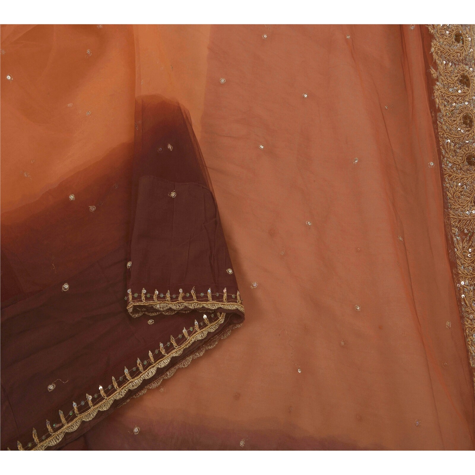 Sanskriti Vintage Orange Net Mesh Hand Beaded Sarees Craft Fabric Antique Sari
