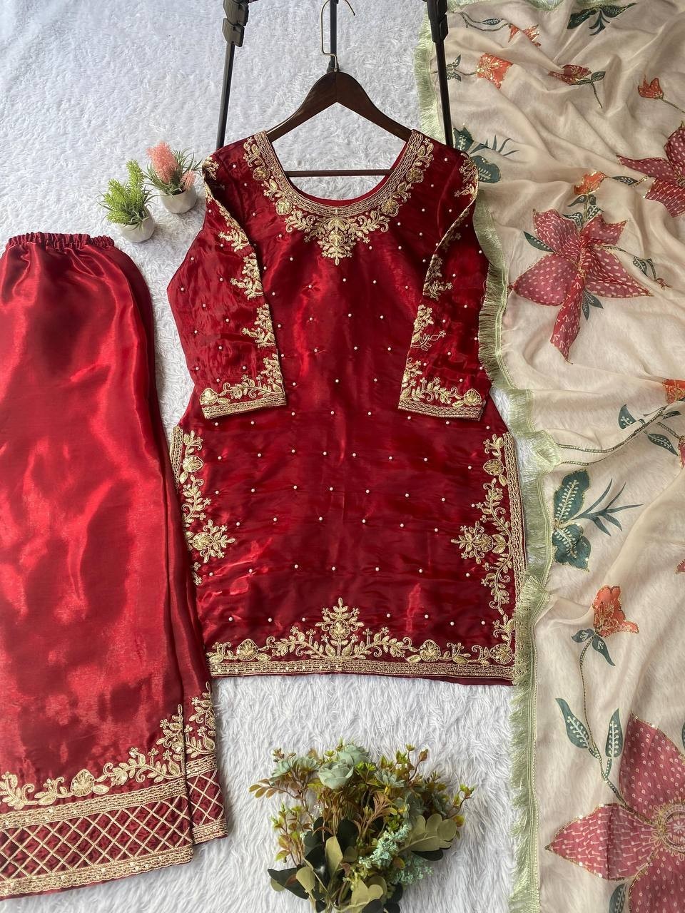 Unique Designer Heavy Fandy Crushi Silk Top And Sharara Palazzo With Dupatta