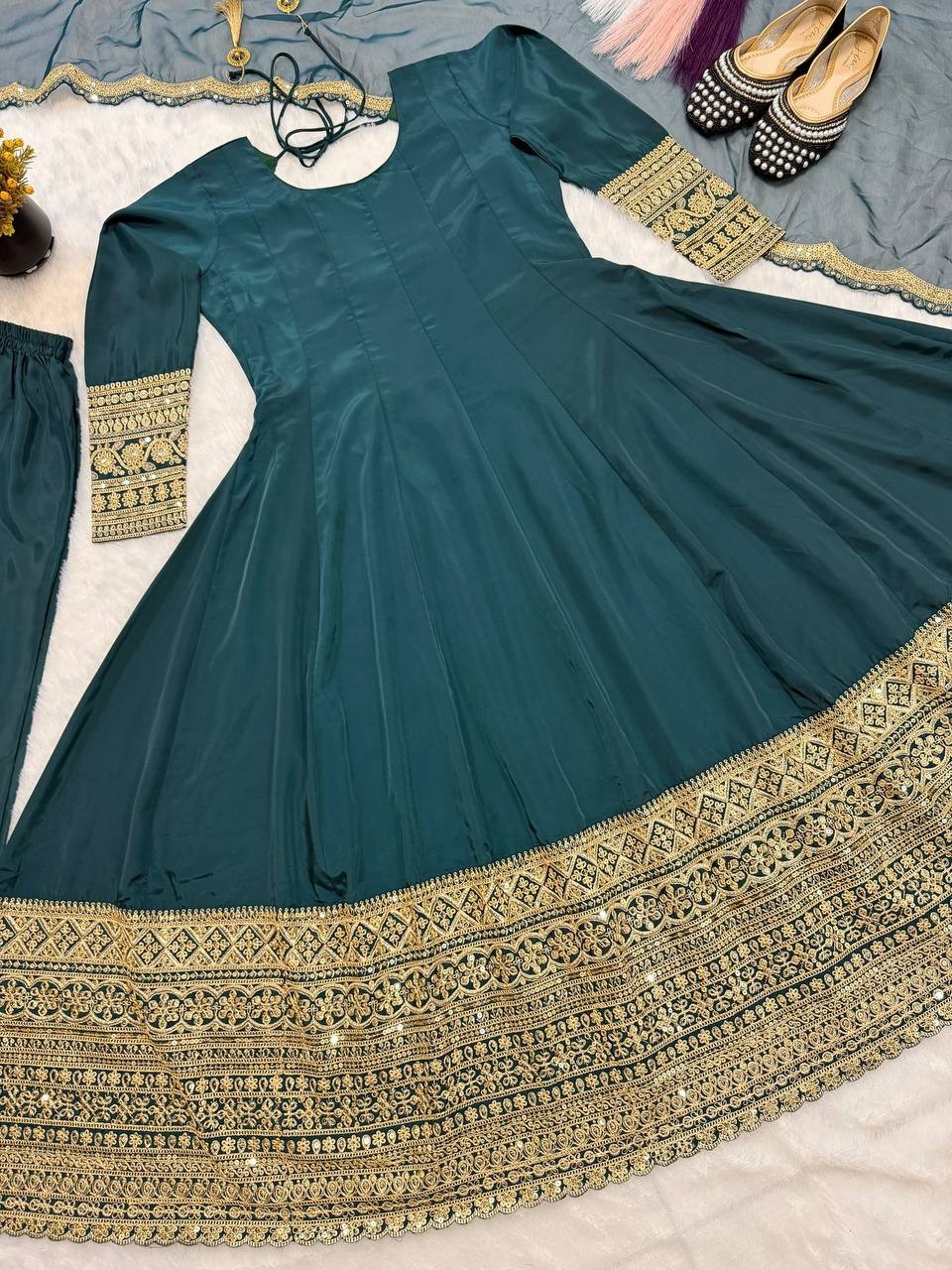 New Launching Natural Crep Silk Green Gown Bottom With Dupatta For Wedding