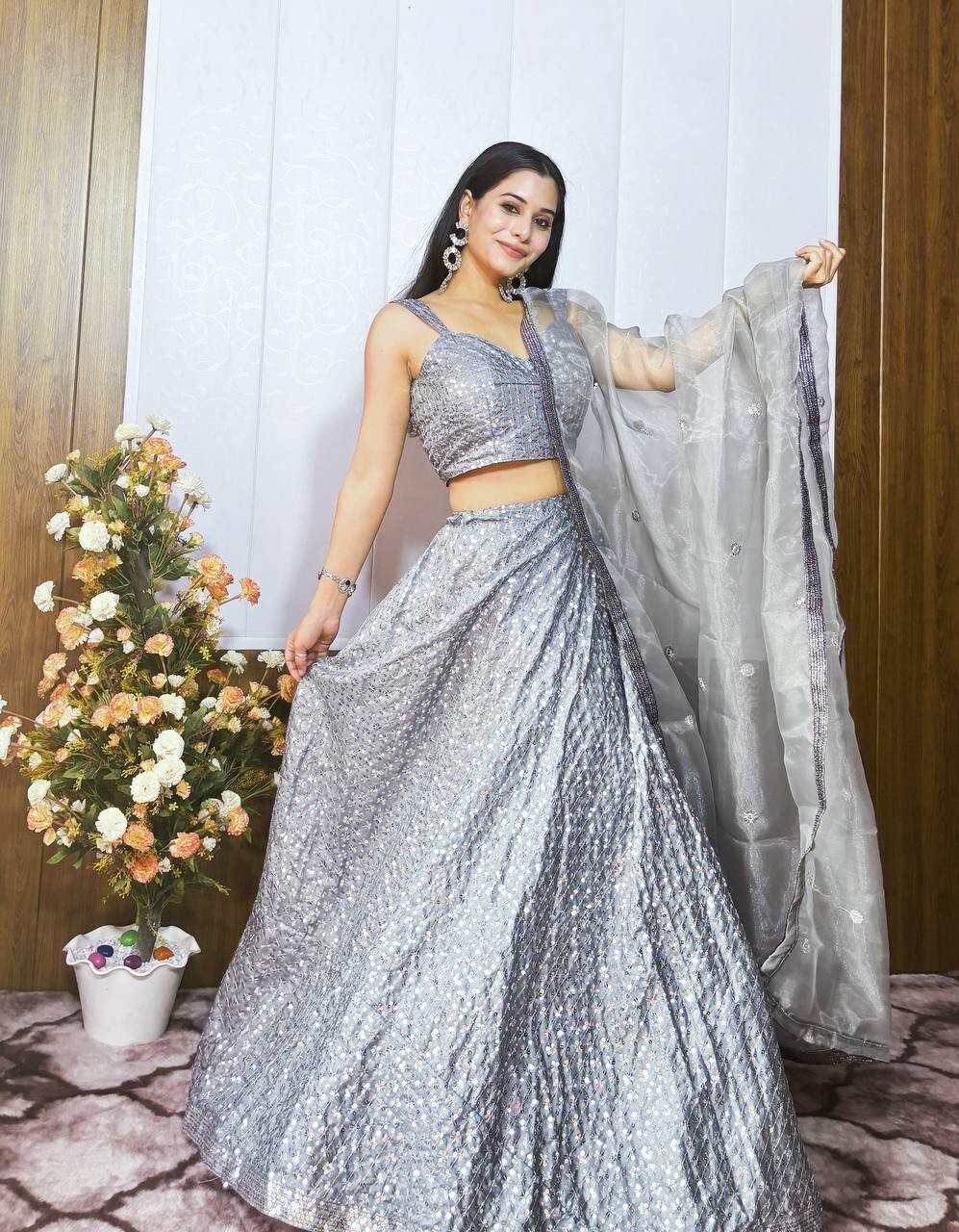 New Late Kasturi Crepe Silk Silver Color Lehenga Choli With Dupatta For Function