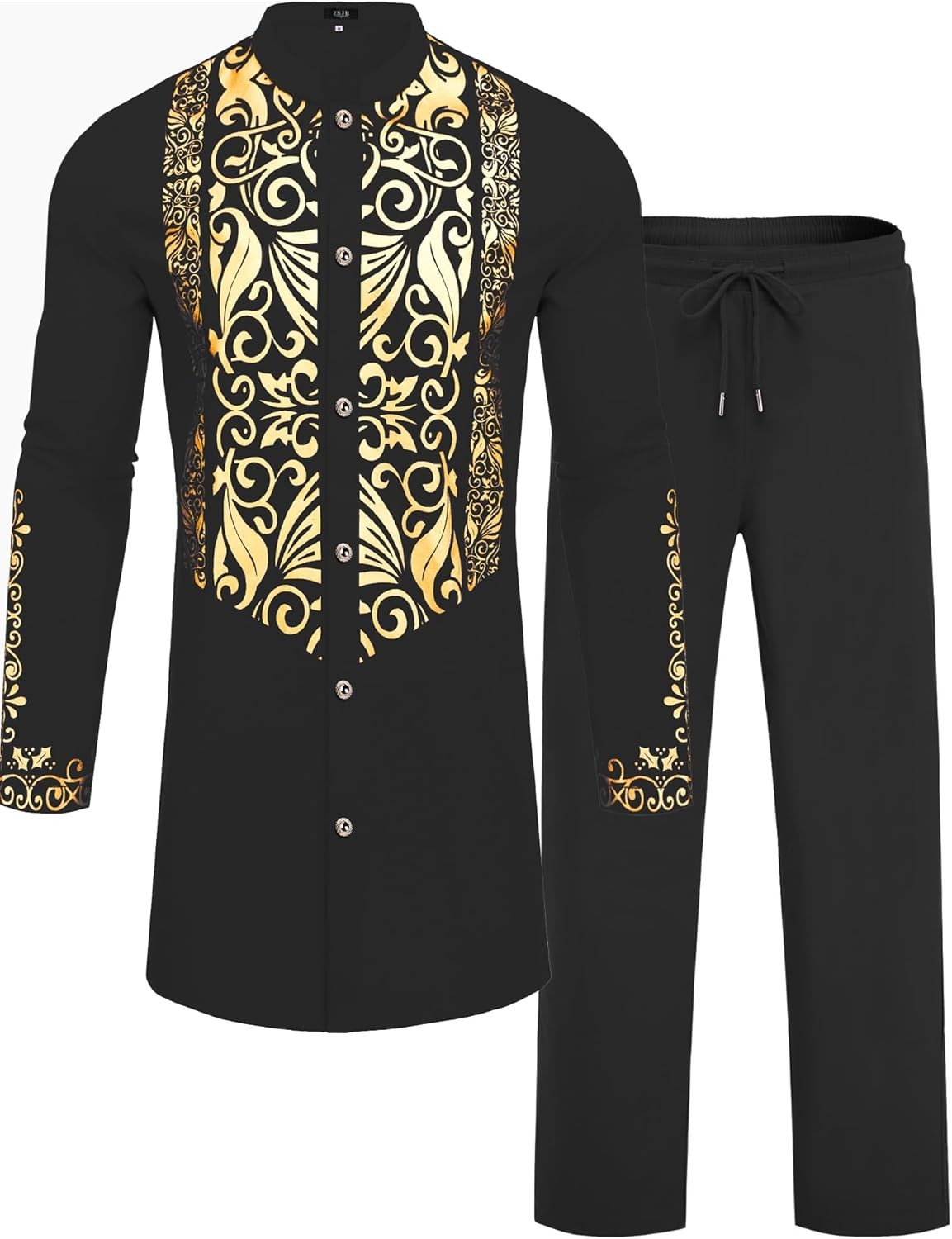 Mens African 2 Piece Sets Dashiki Metallic Traditional Suit Gold Stamp Printed