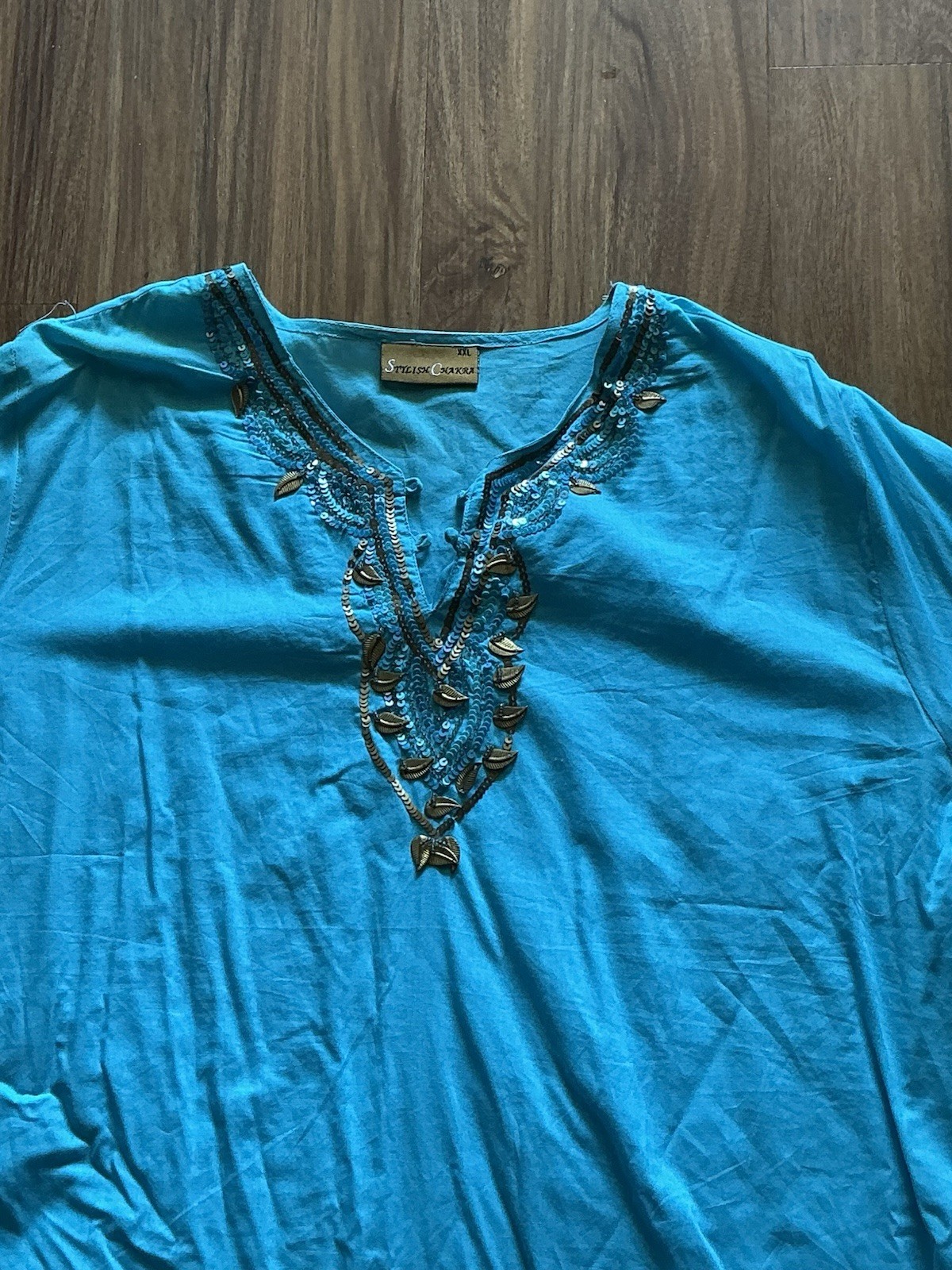 Long sleeve Blue Cotton Kurta Kurti Top Leaf Trinkets, 46” Bust 28” Long, New