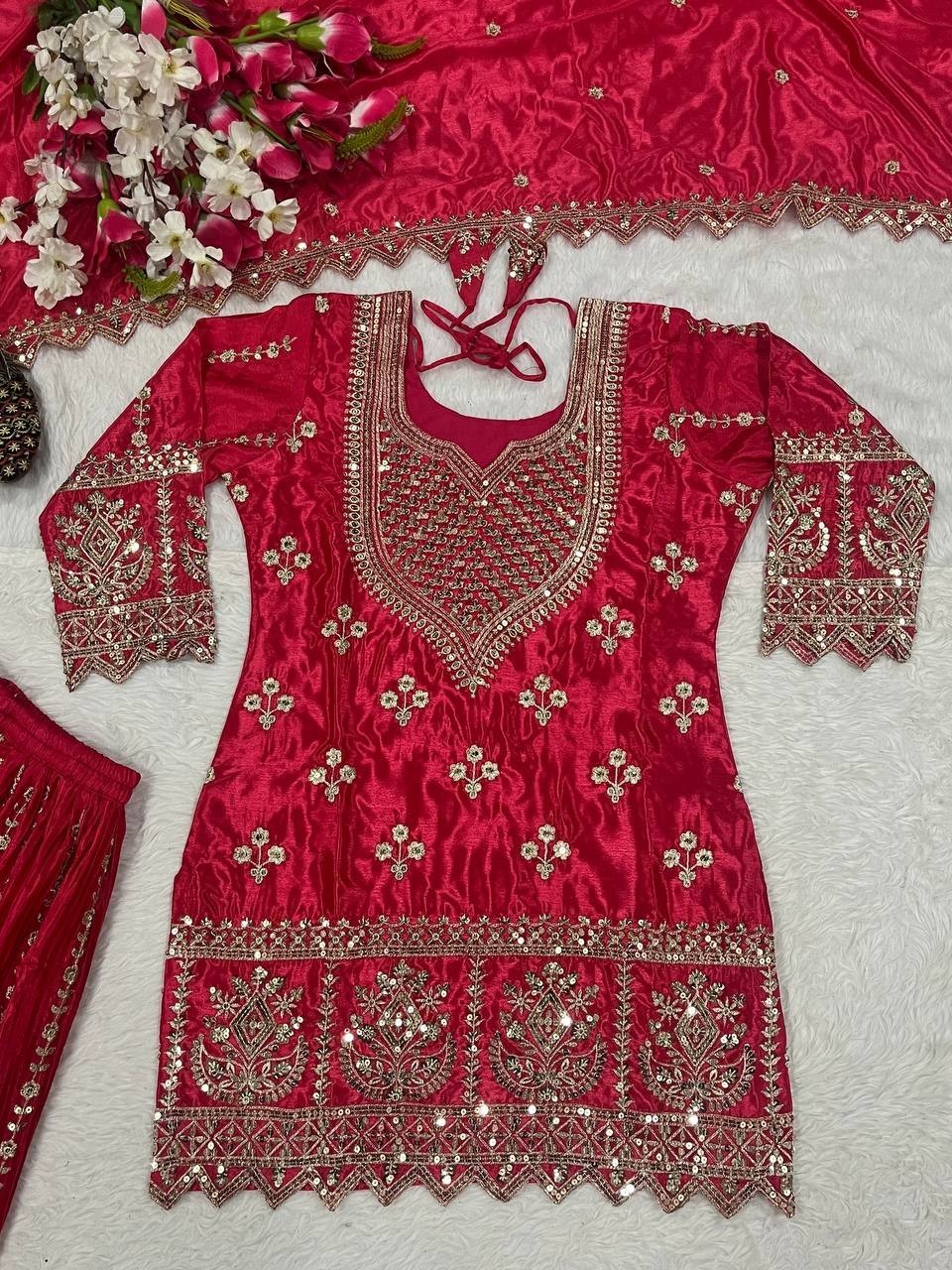 Beautiful Look Heavy Chinon Silk Pink Top Palazzo With Dupatta For Wedding Wear