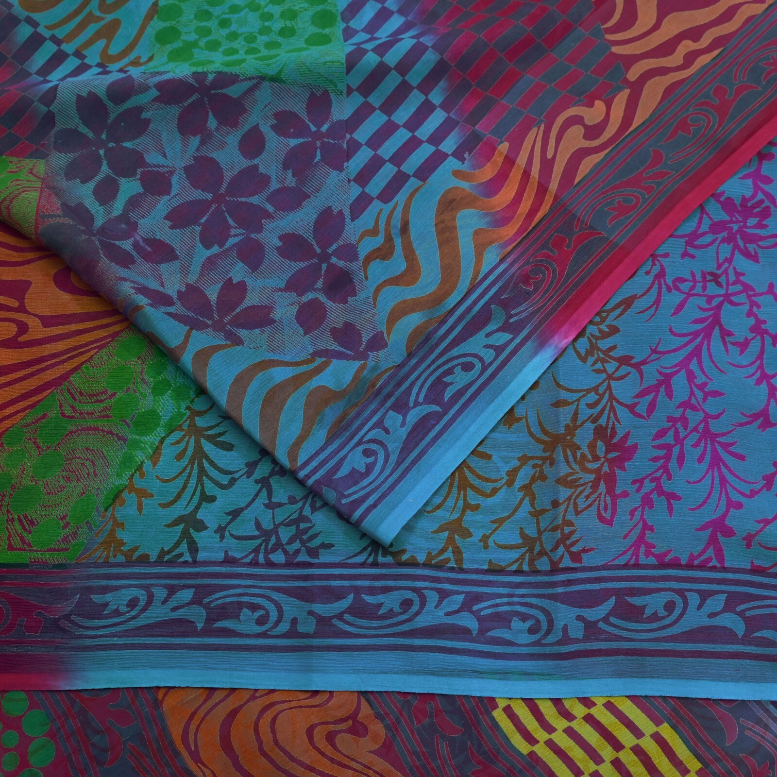 Indian Vintage Sari Blue & Purple Pure Chiffon Silk Printed Sarees Craft Fabric
