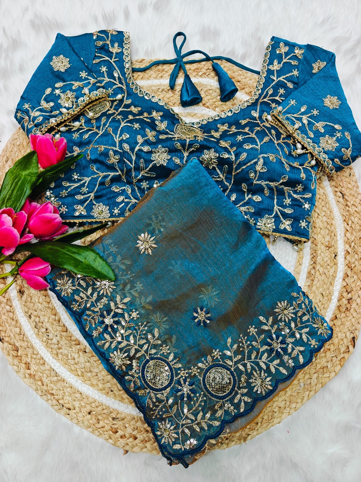 Designer Party Wear Sari Women Blue Ethnic Saree With Heavy Embroidered Blouse