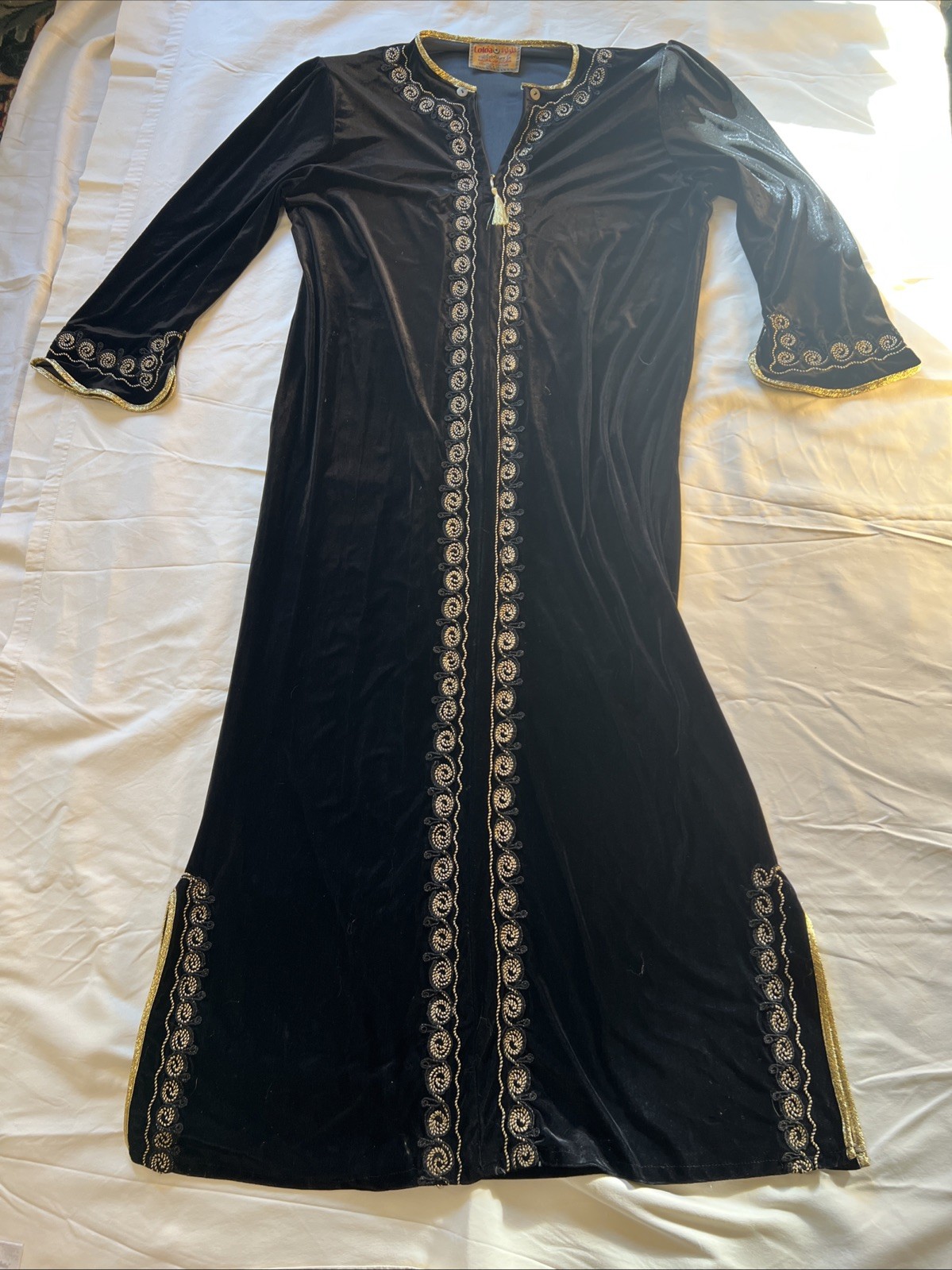 Vtg Velvet Kaftan Black Gold Details LOLOA MADE IN JORDAN Zip Neck Sz In Photos!