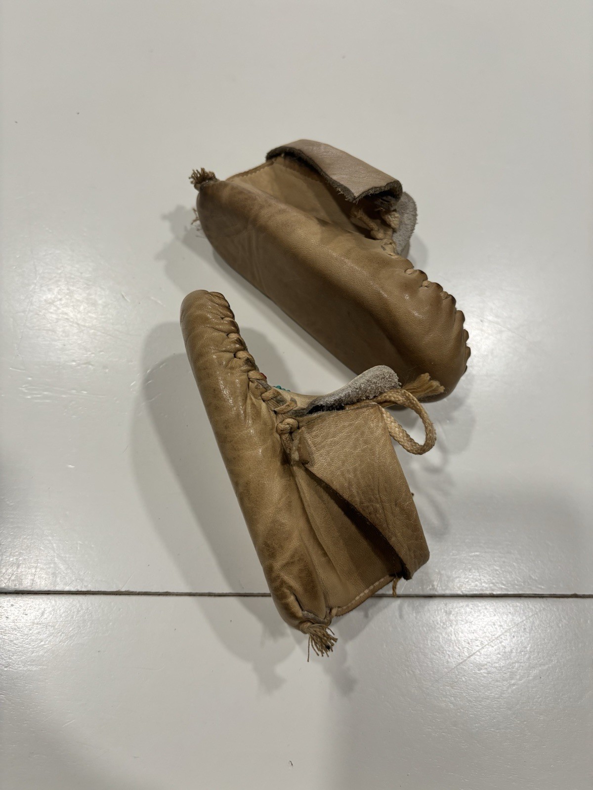 Vintage Handmade Beaded Leather Infant Baby Moccasins / Possible Doll Moccasins