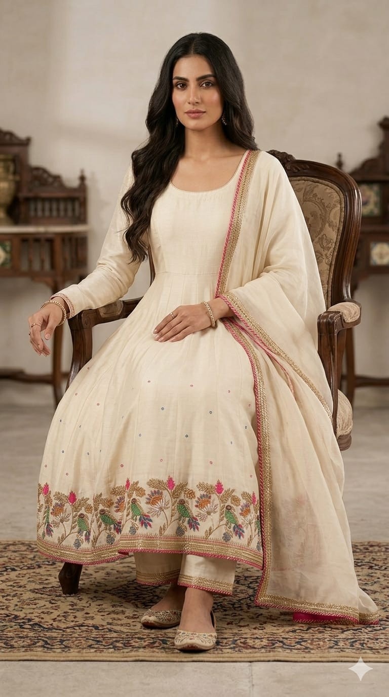 Women’s Traditional Cream Hand-Embroidered Anarkali Dress Material, Chanderi…