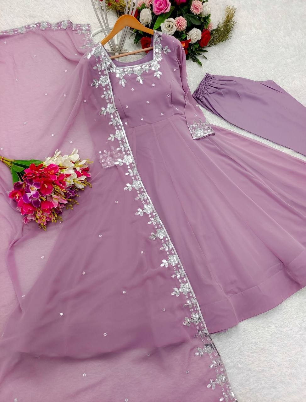 Pure Faux Georgette Lavender Gown Bottom With Dupatta For Traditional Wear
