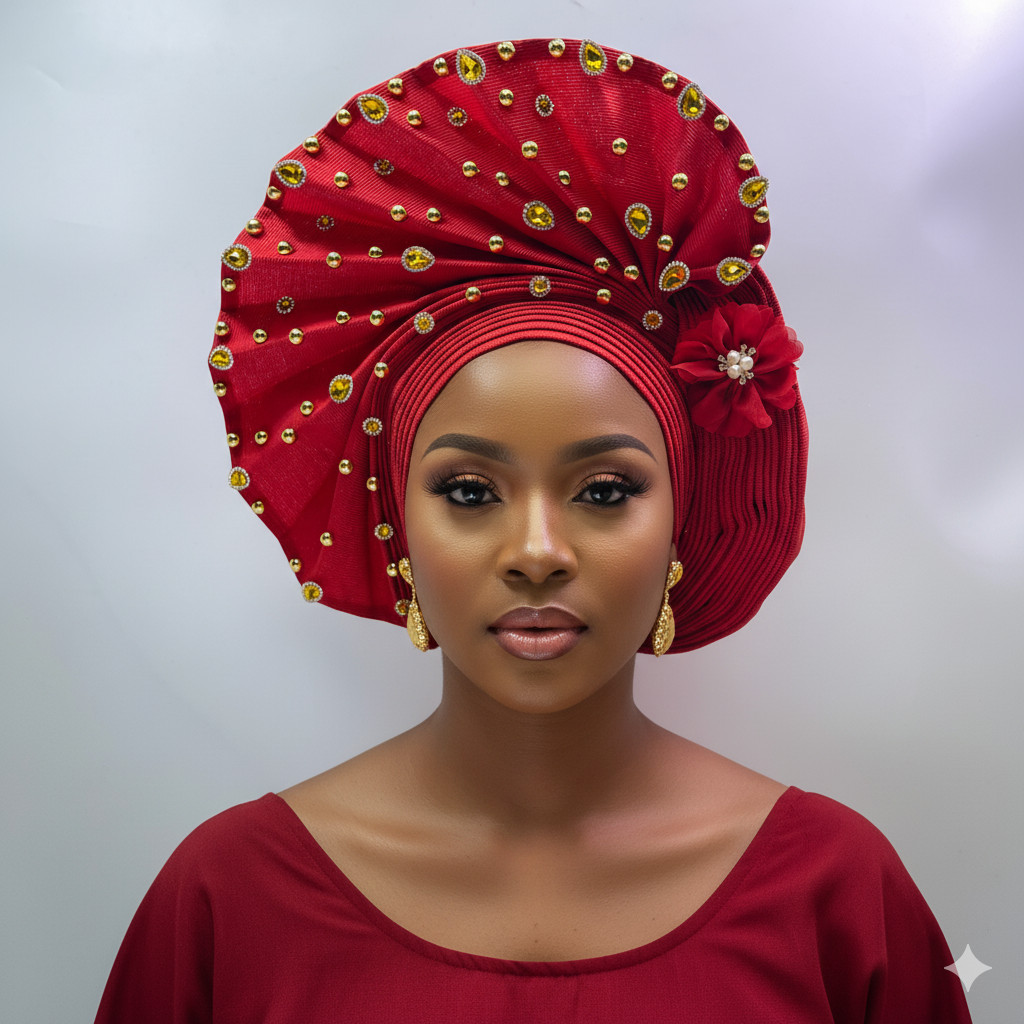 African Gele Fabric Turban Headtie Made Aso-Oke Auto Gele Head Wear Hat Stones