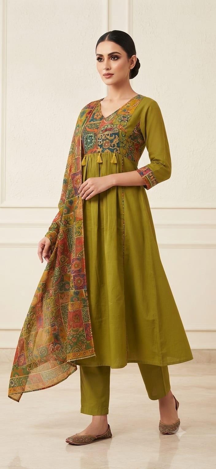Olive Green Cotton Kurta Pant Dupatta Set for Women | Printed Yoke Ethnic Suit