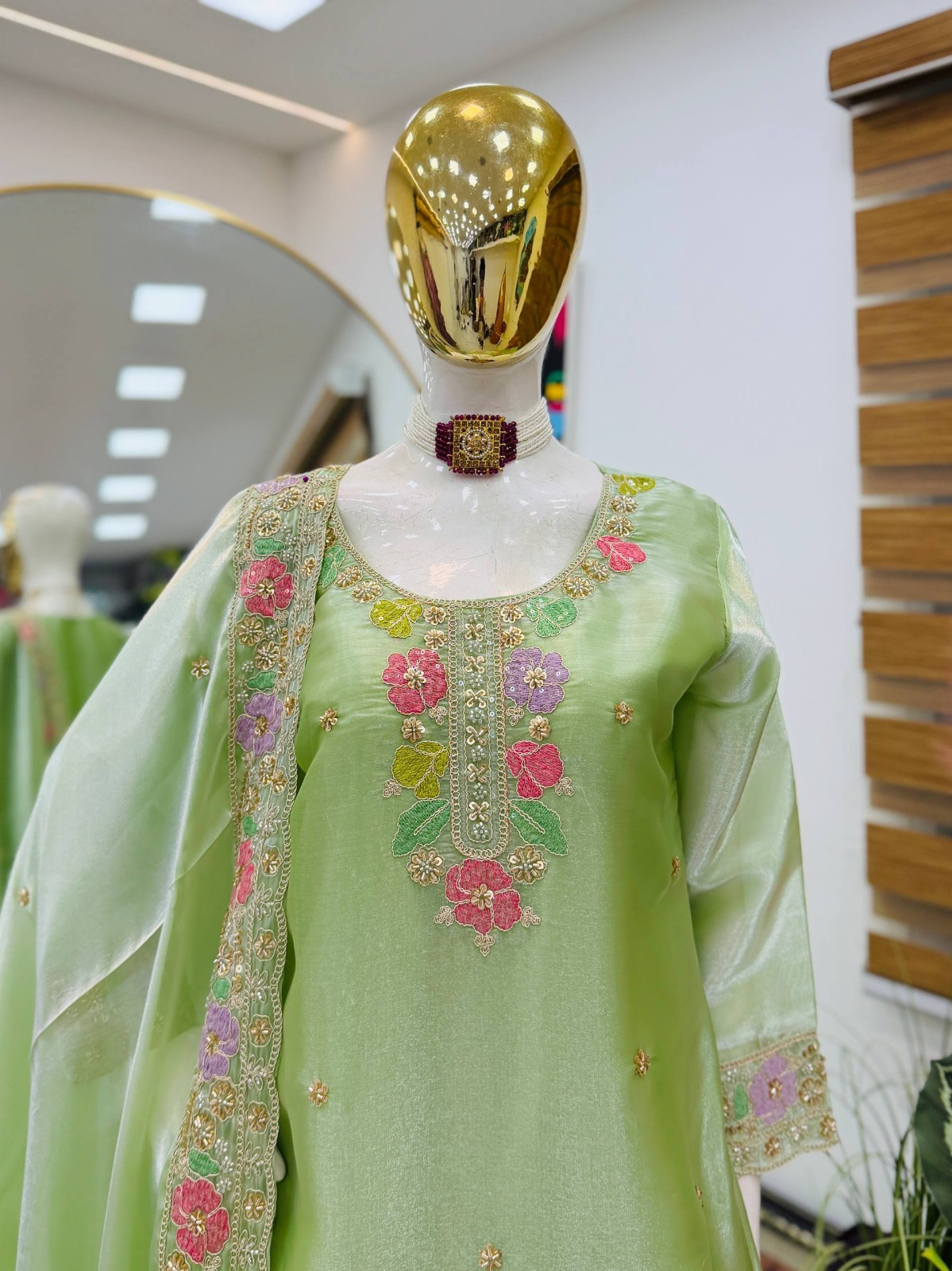 Stylish Look Heavy Silk Pista Green Top Palazzo With Dupatta For Wedding Wear