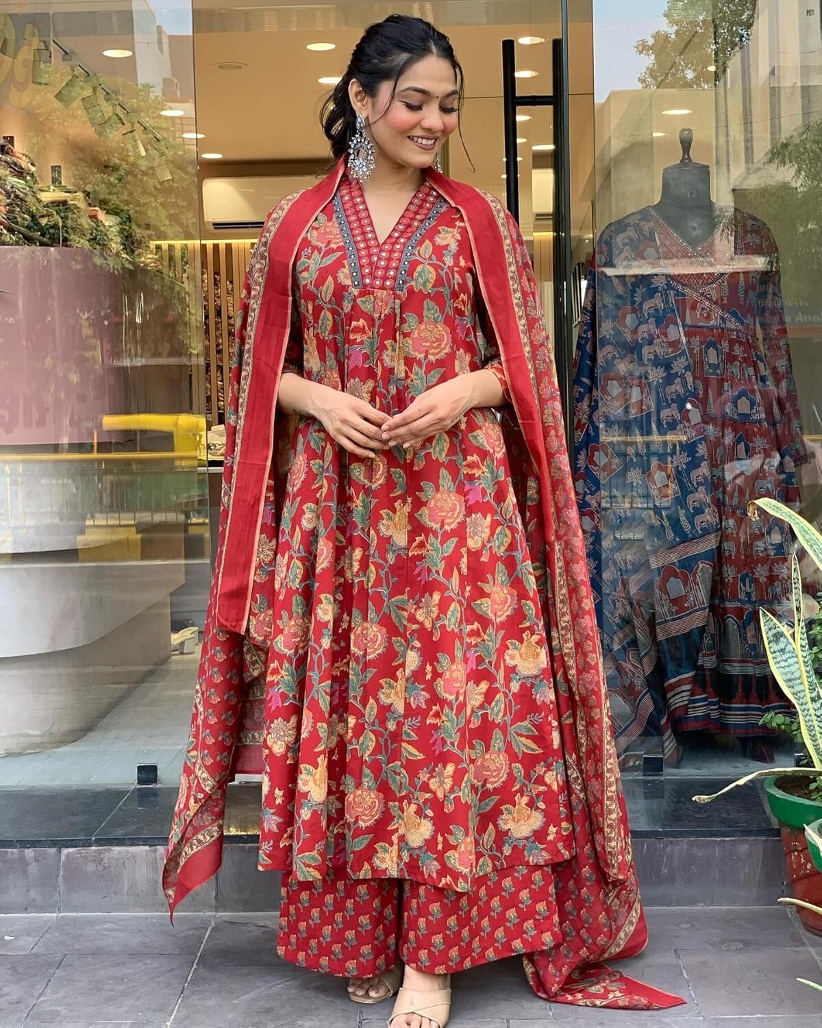 Women’s Rayon Blend Anarkali Printed Kurta with Palazzo & Dupatta