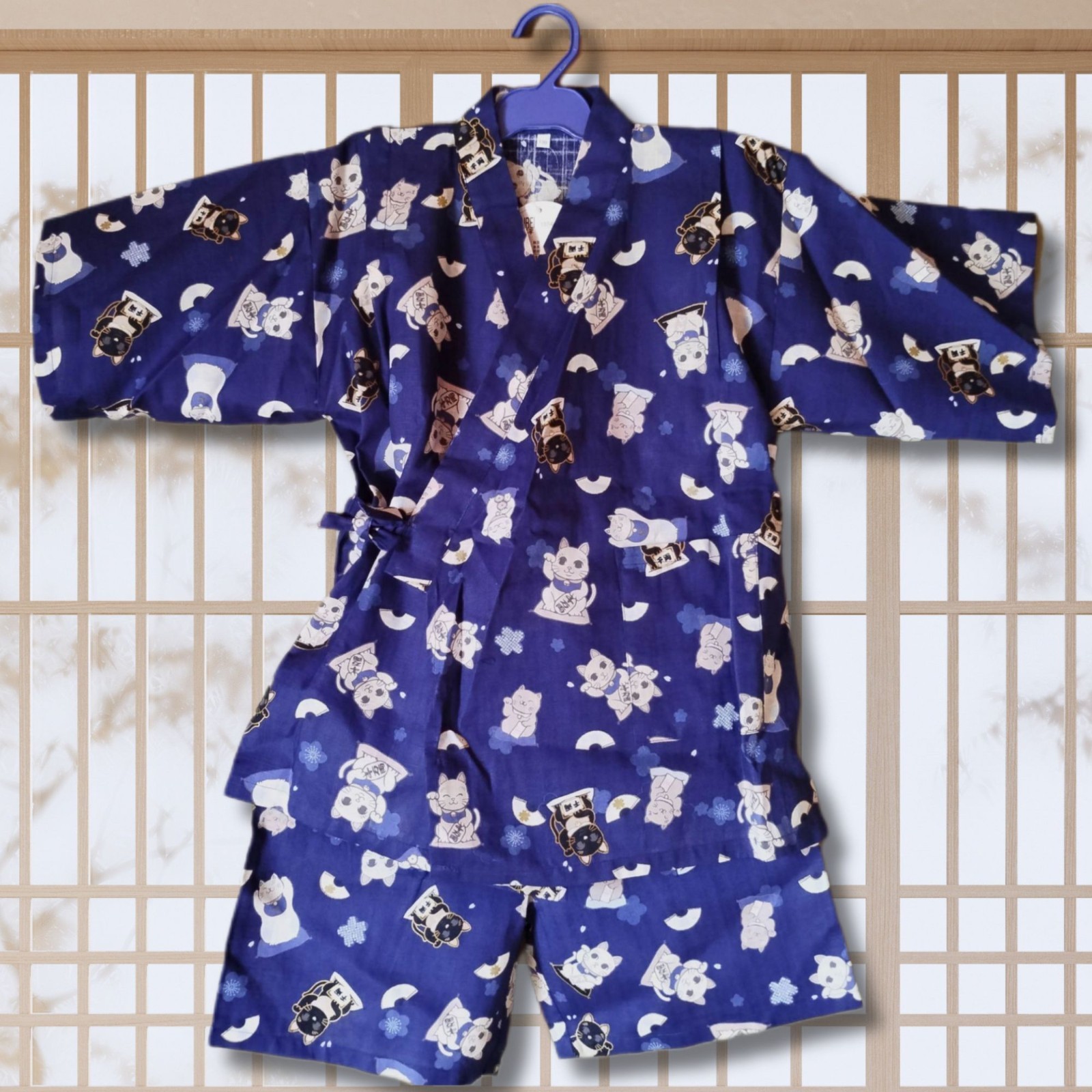 Japanese Kids Jinbei 130cm – Maneki Neko Lucky Cat Cotton Summer Festival Outfit