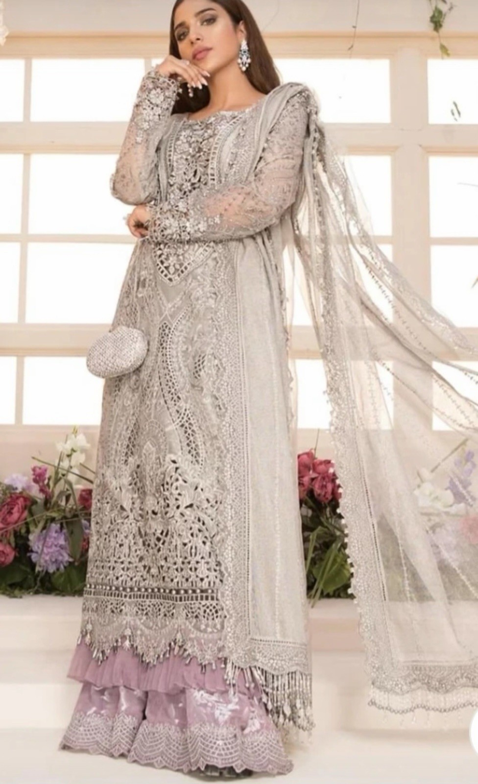 Women Pakistani Embroidered Lace Salwar Kameez 3pc Suit w/ Dupatta Gray L