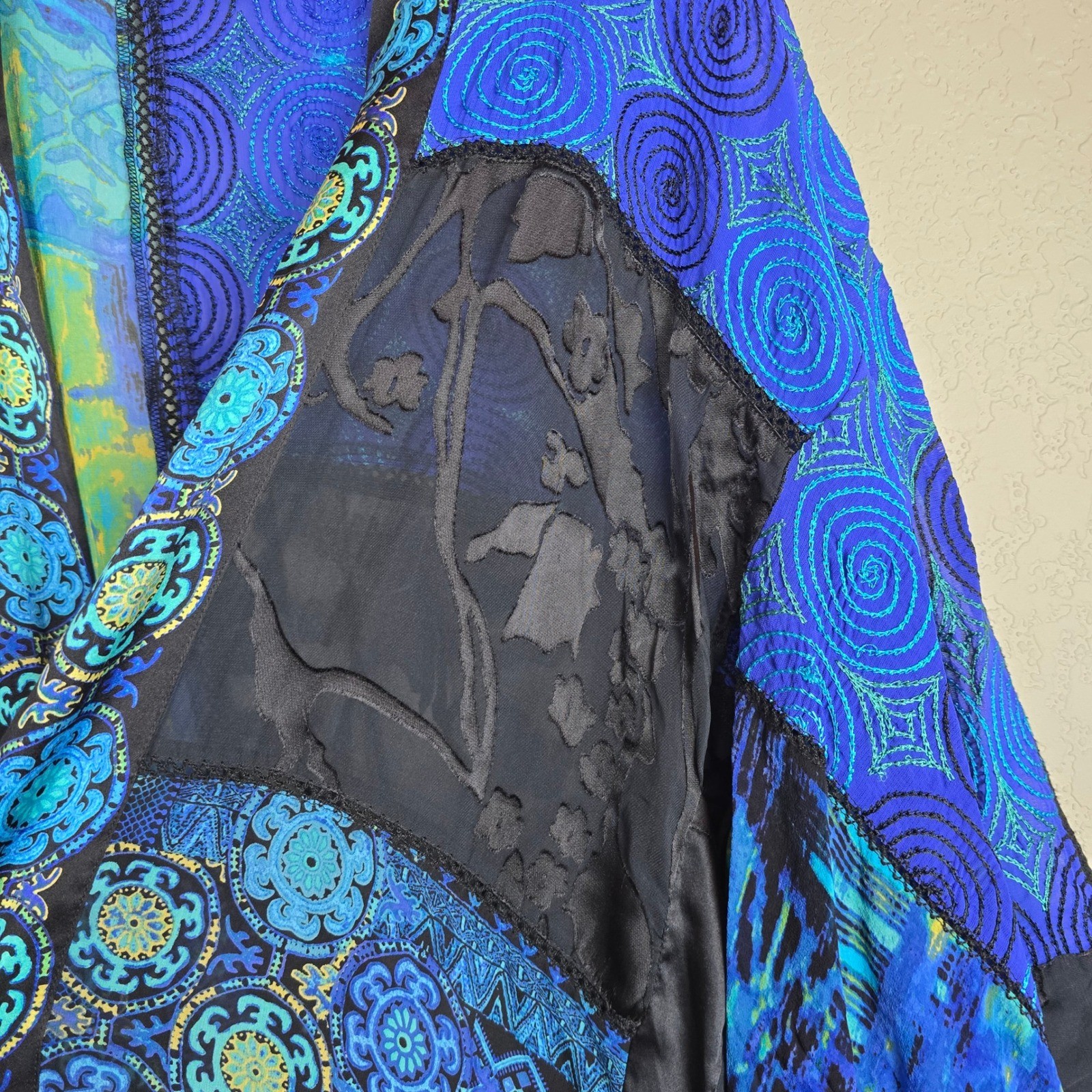 Chico’s Silk Blend Patchwork Kimono Jacket Blue Purple Burnout Velvet Size S/M