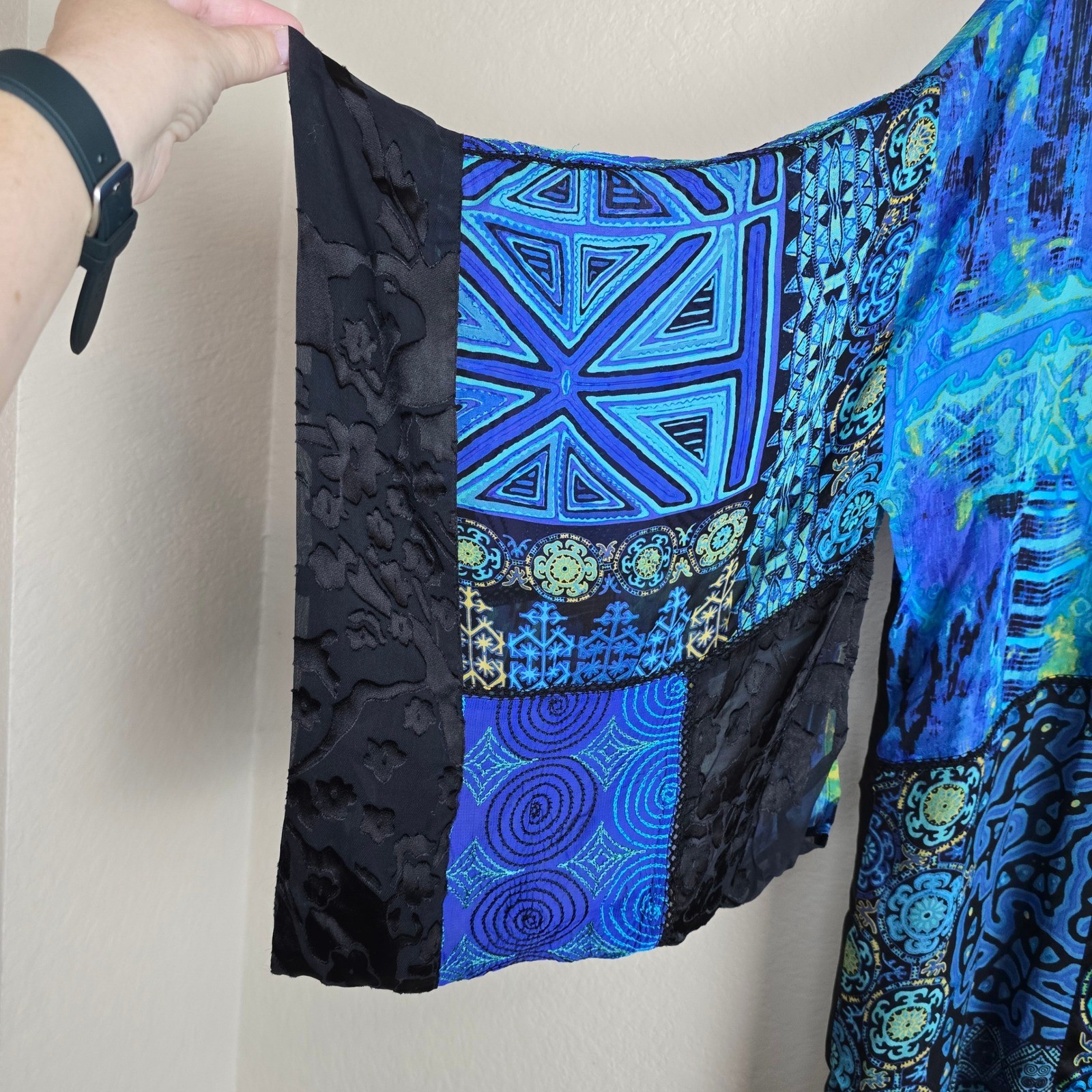 Chico’s Silk Blend Patchwork Kimono Jacket Blue Purple Burnout Velvet Size S/M