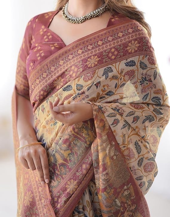 Women’s Cotton Linen Printed Handloom Saree with Unstitched Blouse Piece