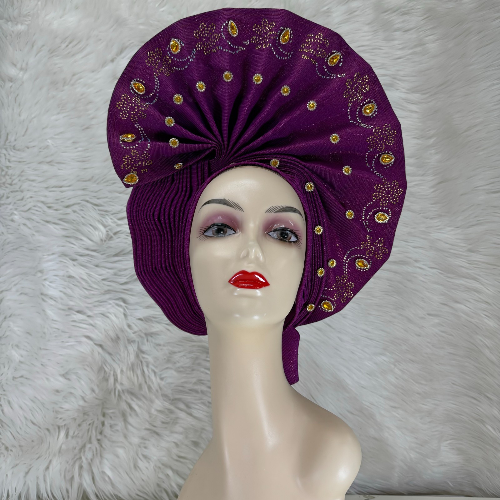 YQOINFKS African Fabrics Turban Headtie Made Aso-Oke Gele Beaded Head Wear Hat
