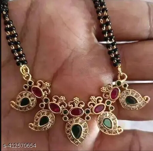 Gold Plated Trendy Mangalsutra Indian Women Married Black Bead Fashion Jewelry
